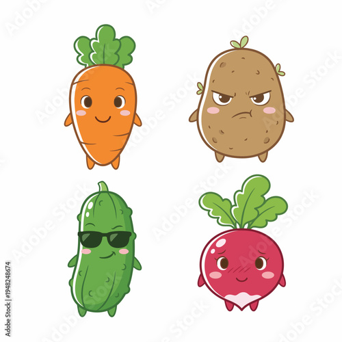 A vibrant illustration of cute cartoon vegetables, featuring a happy carrot, a serious potato, a cool cucumber in shades, and a shy radish, delivering a colorful and cheerful vibe.