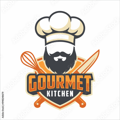 An impactful logo design featuring a smiling chef with a beard and a chef's hat, complemented by a whisk and knife, perfect for culinary businesses or gourmet kitchens.