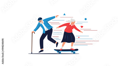 Active elderly couple enjoying life while riding skateboards with a cane nearby representing energy and vitality in retirement years.