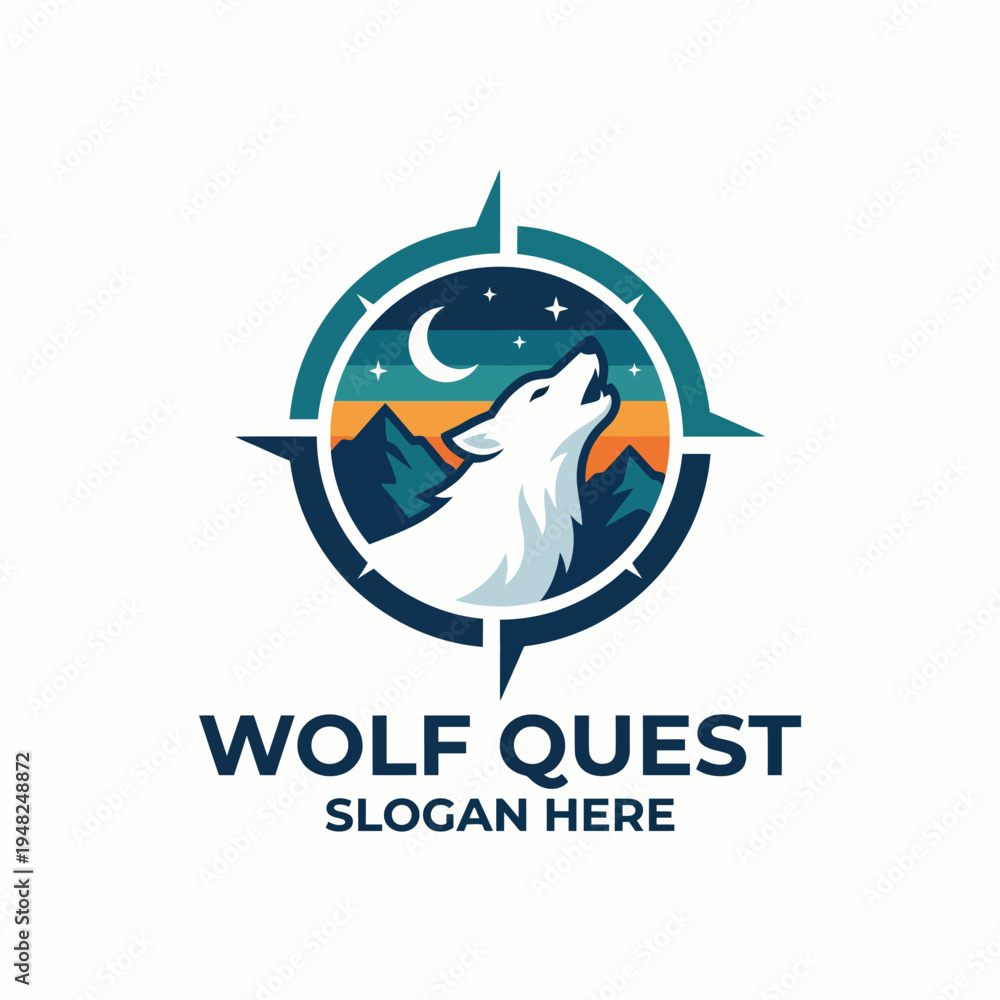 Obraz premium Dynamic logo design featuring a wolf howling under a starry sky, perfect for outdoor adventure brands emphasizing exploration, nature, and wild experiences.