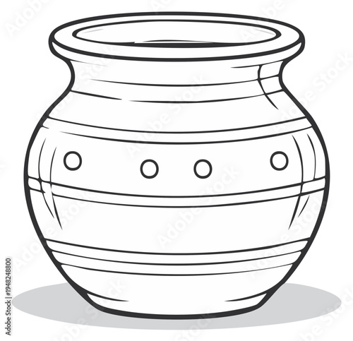 Outlined Illustration of a Ceramic Pot with Decorative Stripes and Ornaments