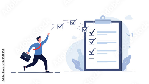 Businessman catching floating checkmarks and adding them to a giant clipboard to show task organization and successful goal tracking.