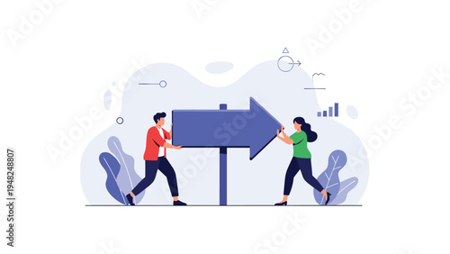 Two professionals working together to carry and point a large blue arrow sign representing team direction and shared business goals.