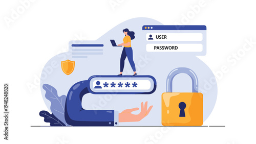 Woman using a laptop while walking on a giant digital interface with a lock and password boxes for internet security and privacy.