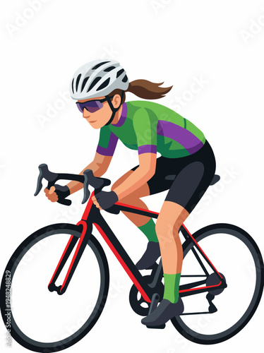 A focused female cyclist in motion on a racing bike. This dynamic illustration captures the energy and excitement of a competitive cycling sport.