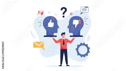Professional standing between two large head silhouettes with thumbs up and thumbs down icons representing balanced decision making.