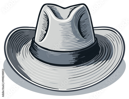 Stylish vintage fedora hat, classic headwear with shadows and stylized illustration.