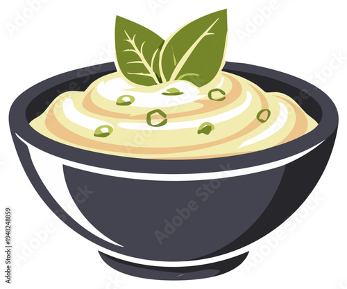 Creamy sauce with green garnish in a dark bowl, illustration