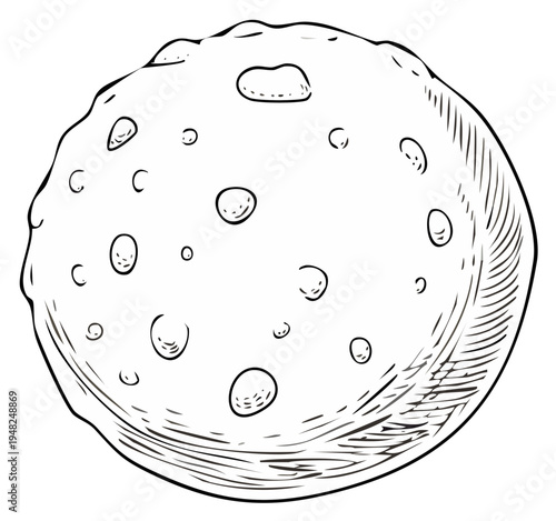 Drawn illustration of a celestial object with craters and textured surface
