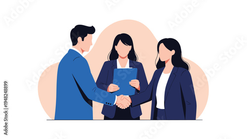 Professional businessman and businesswoman shaking hands to close a deal while colleague watches in background.