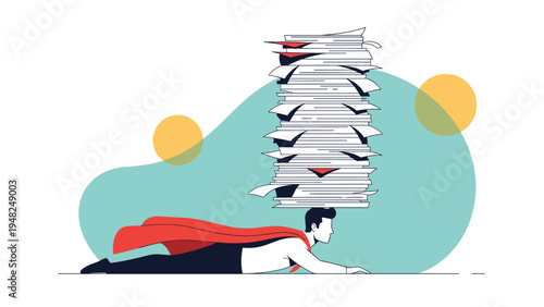 Strong professional man dressed as a superhero while balancing a massive stack of paperwork on his head to represent hard work.