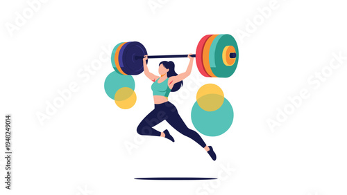 Strong woman jumping while lifting a giant heavy barbell with colorful weights representing empowerment and physical fitness goals.