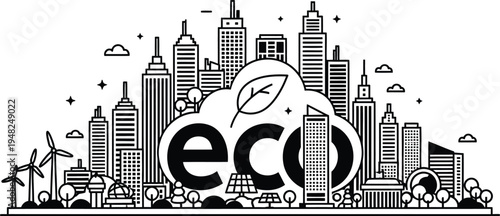 eco cityscape with green leaf and wind turbines