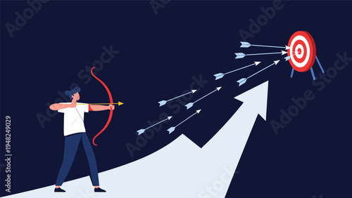 Focused professional archer hitting a bullseye on a target positioned at the top of a rising growth arrow against dark background.