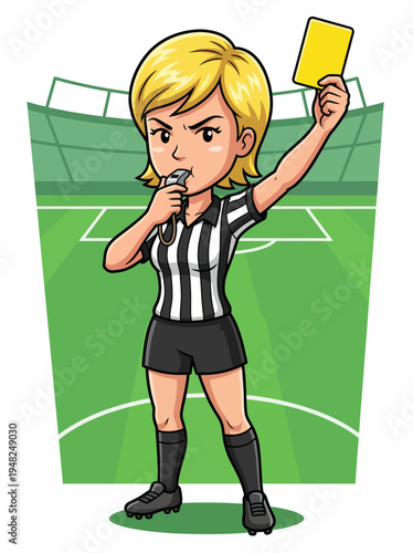 This image captures a fierce soccer referee raising a yellow card, embodying authority and decision-making in an intense sporting environment, showcasing strong leadership.