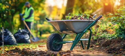 The wheelbarrow full of leaves during autumn yard cleanup with gardener in background