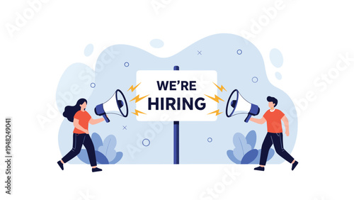 HR team using megaphones to announce new job vacancies on a hiring sign board representing recruitment process and talent acquisition.