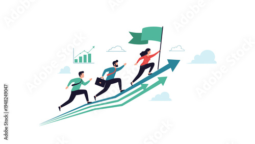 Ambitious business team racing together on rising green arrows towards the top with a leader holding a flag symbolizing shared success.