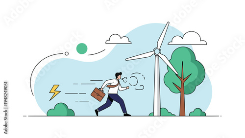 Energetic professional running towards a sustainable future near wind turbine and lightning bolt icons representing green energy and efficiency.