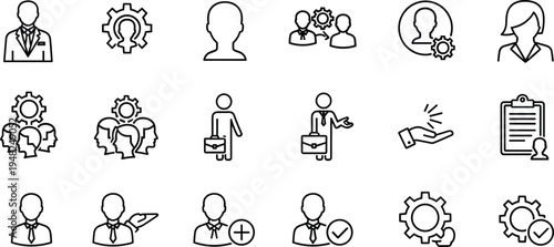 Human resources and employee management editable stroke icon set including recruitment, teamwork, leadership, hiring and staff symbols