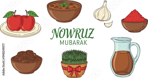 Nowruz Mubarak Persian new year greeting illustration with sabzeh wheat grass, apples, garlic, spices, noodles and traditional symbols