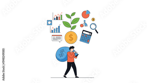 Hardworking man carrying heavy blue money sack under icons of financial charts and growing plants representing wealth creation and investment.