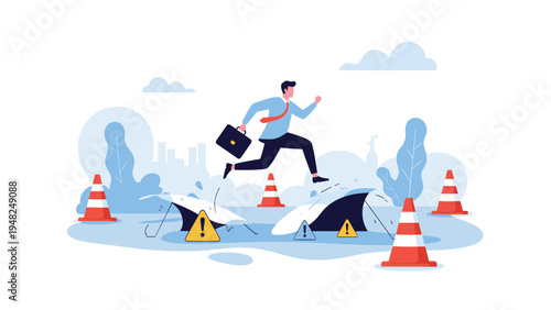 Determined businessman jumping over dangerous obstacles like shark fins and warning cones representing risk management and overcoming challenges.