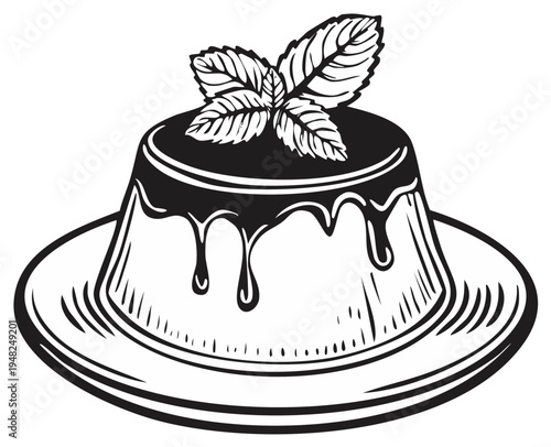 Dessert Panna Cotta with Mint Garnish Illustration