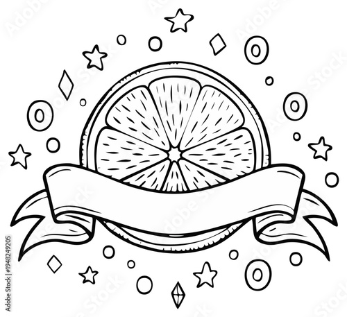 Black and white citrus fruit slice with banner and decorative elements.
