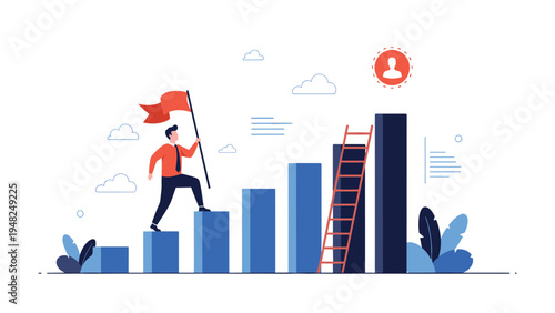 Ambitious professional climbing a rising bar graph with a red flag aiming for a target user profile representing customer growth and success.