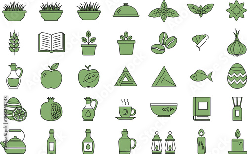 Passover and Jewish holiday food and ritual icon set including matzah, wine, herbs, oil, candle and traditional symbols