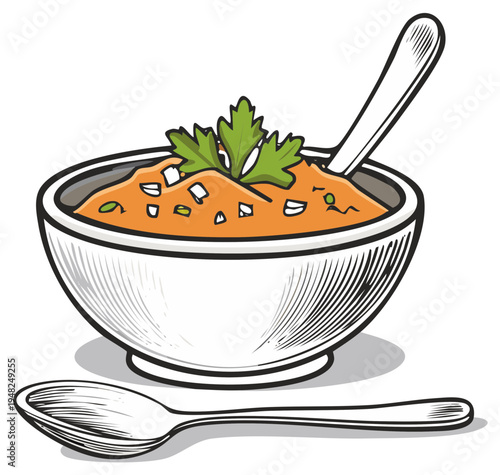Illustration of Bowl of Soup with Spoon and Garnish. Close Up Vector Sketch.
