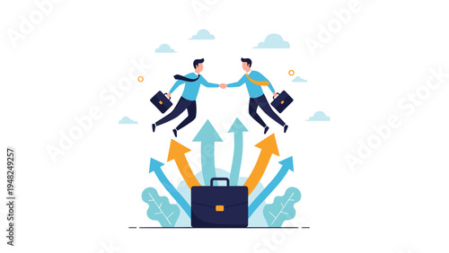 Two successful professionals shaking hands mid-air above rising arrows from a briefcase representing partnership and international business deals.