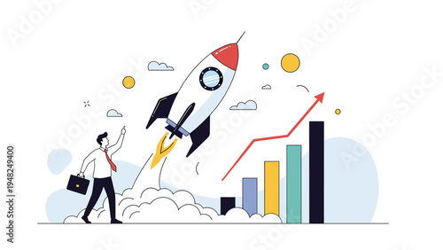 Ambitious businessman launching a powerful rocket next to a rising bar graph representing successful startup launch and rapid business growth.