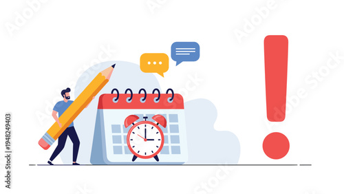 Professional man using a large pencil to schedule tasks on a calendar near a ringing alarm clock representing deadline management and planning.