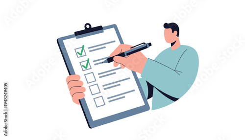 Man filling out a checklist on a clipboard with a pen