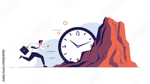 Energetic professional running against a ticking clock towards a large mountain representing race against time and overcoming big challenges.