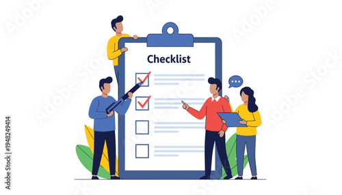 A group of people working together on a large checklist