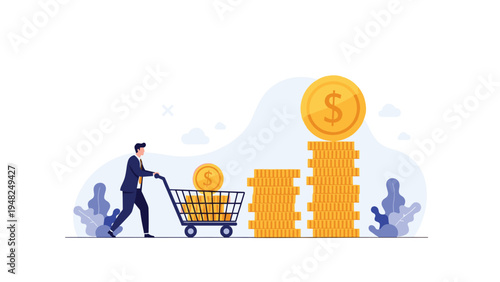 Prosperous businessman pushing a shopping cart filled with gold coins towards a large stack of money representing consumer spending and wealth.