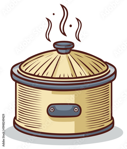 Hand drawn illustration of a steaming casserole pot with lid and handles