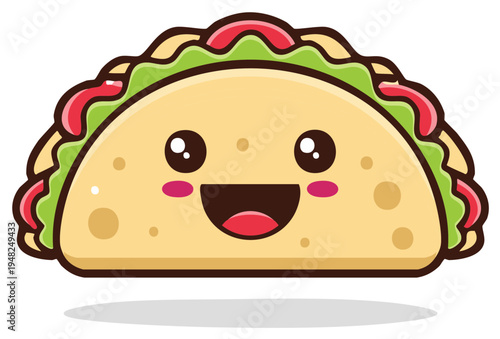 Cute Kawaii Taco Character with Happy Smiling Face and Rosy Cheeks