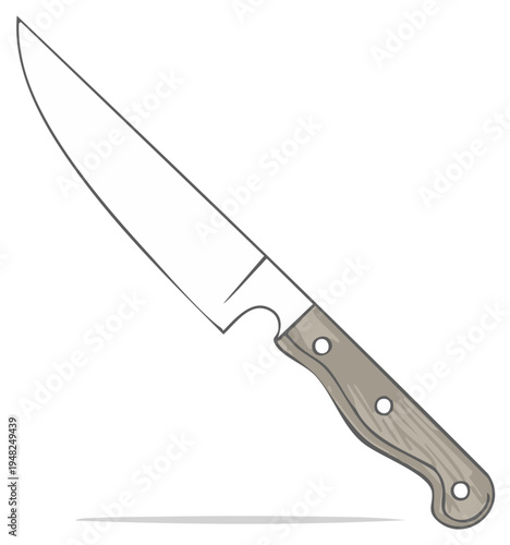 Hand Drawn Illustration of a Classic Chef Knife with a Wooden Handle