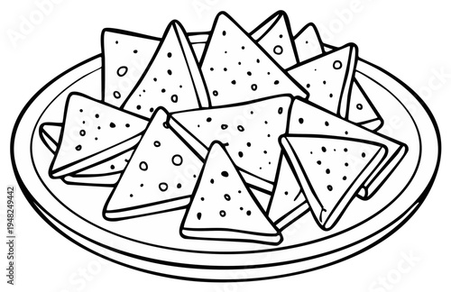 Line art of a plate piled with triangular tortilla chips snack, food illustration, for coloring book or graphic design