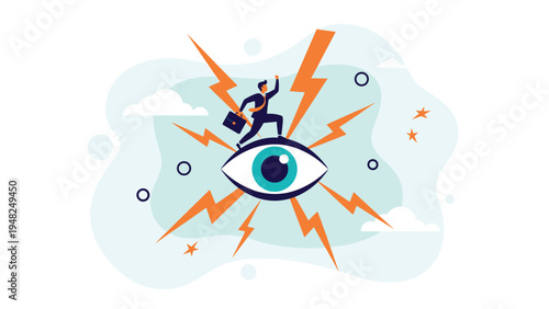 Visionary businessman standing on a huge human eye with orange lightning bolts representing high observation and market insight in business.