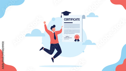 Joyful graduate jumping in the air next to a giant educational certificate with a mortarboard representing success in academic life.