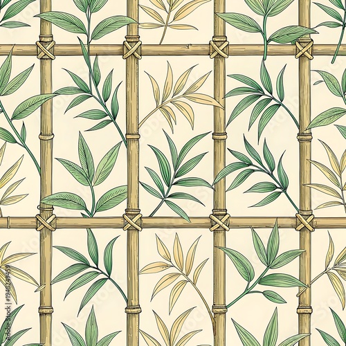 Bamboo trellis pattern with green and yellow bamboo leaves and branches image photo