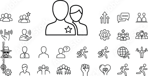 People and social interaction editable stroke icon set including teamwork, communication, support, growth and community symbols