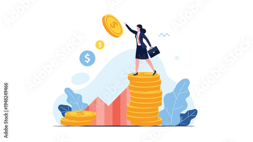 Ambitious woman standing on a tall stack of gold coins reaching for more representing wealth accumulation and financial success in career.