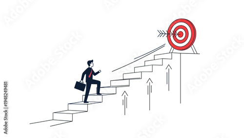 Focused businessman walking up a long flight of stairs towards a target at the top representing step-by-step progress and reaching goals.