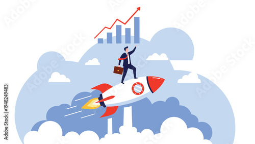 ambitious businessman standing on a rocket flying towards an upward bar chart represents rapid growth and startup success.